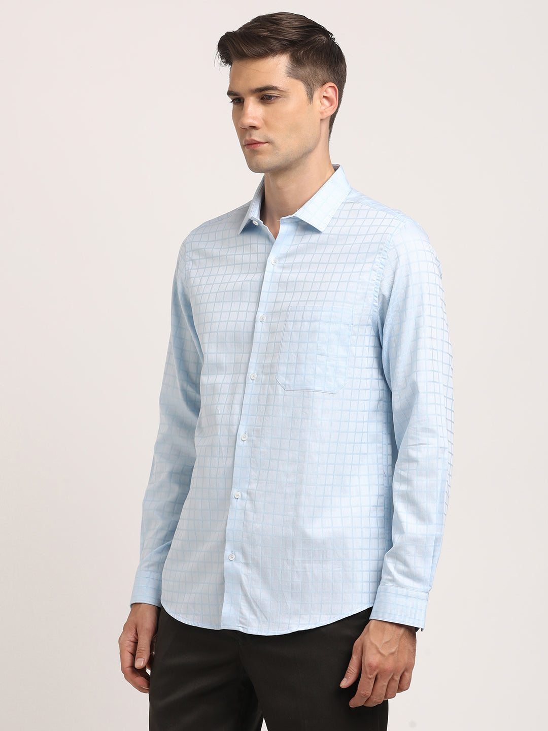 Giza Cotton Light Blue Checkered Slim Fit Full Sleeve Formal Shirt