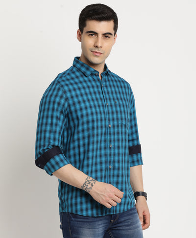 100% Cotton Teal Blue Checkered Slim Fit Full Sleeve Casual Shirt