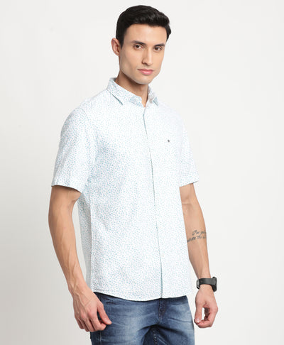 Cotton Linen White-Blue Printed Slim Fit Half Sleeve Casual Shirt