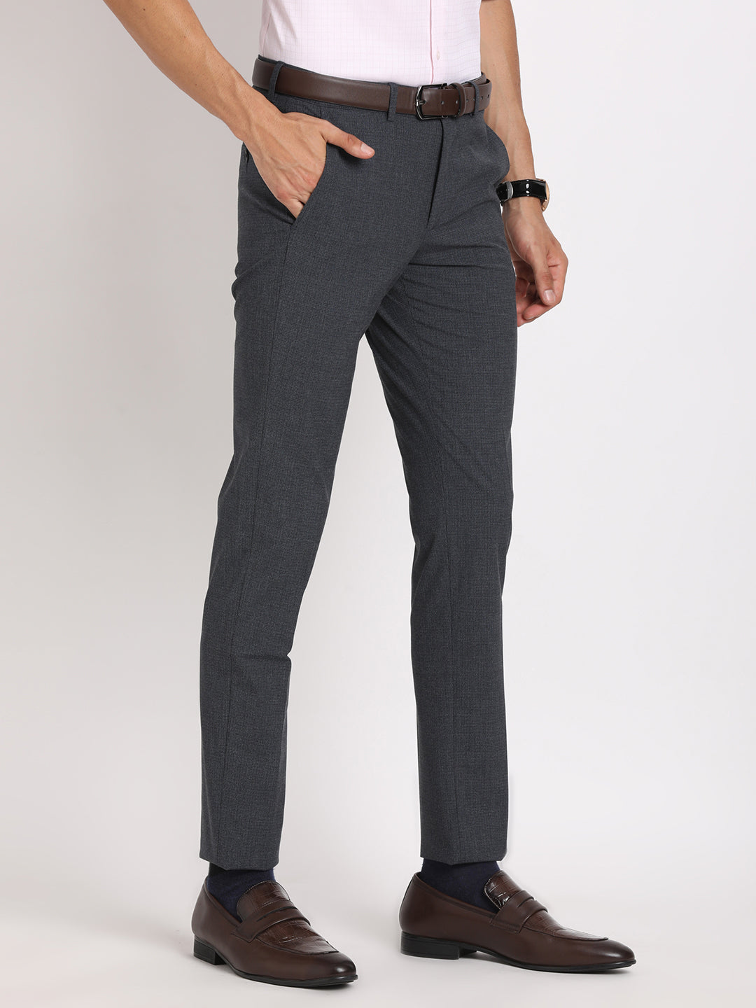 Poly Viscose Grey Checkered Slim Fit Flat Front Ceremonial Trouser