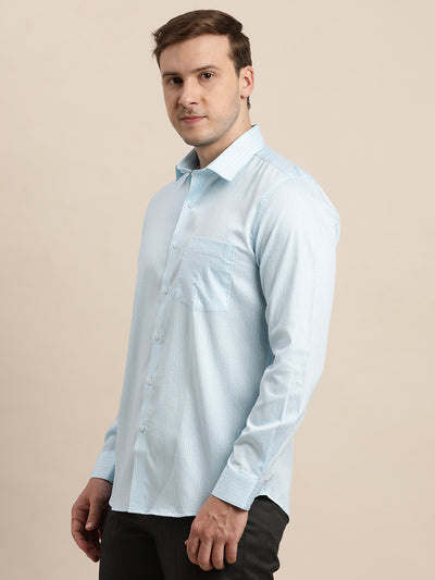 100% Cotton Light Blue Printed Slim Fit Full Sleeve Formal Shirt