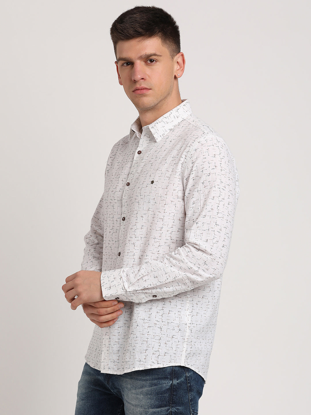 Khadi White Printed Slim Fit Full Sleeve Casual Shirt