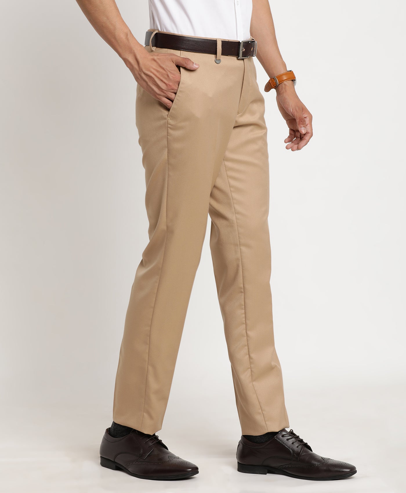 Khaki Checkered Slim Fit Flat Front Formal Trouser