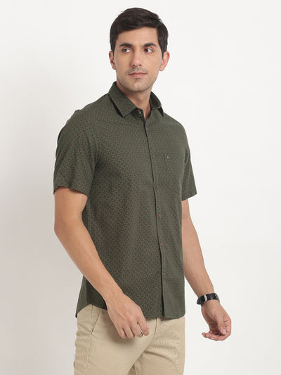 100% Cotton Olive Printed Slim Fit Half Sleeve Casual Shirt