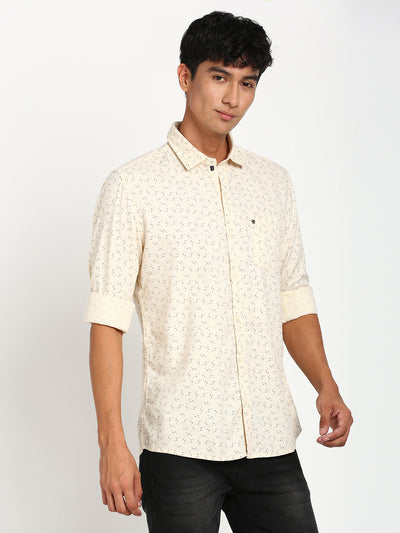 100% Cotton Beige Printed Slim Fit Full Sleeve Casual Shirt