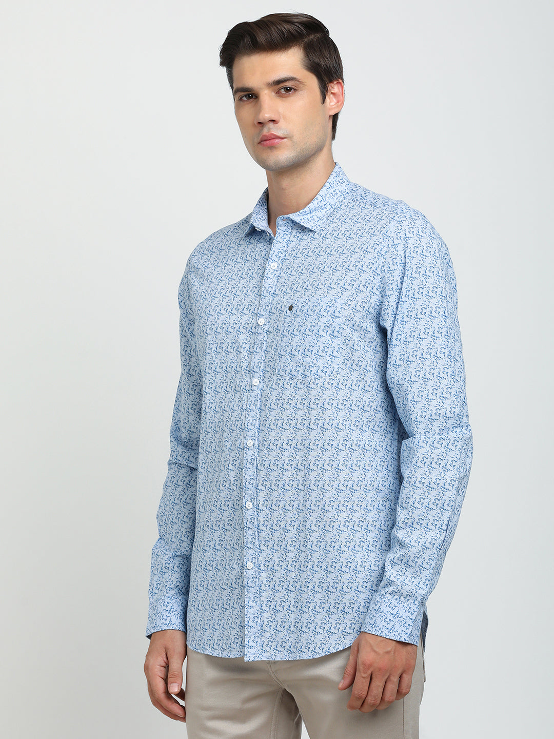 Cotton Linen Sky Blue Printed Slim Fit Full Sleeve Casual Shirt