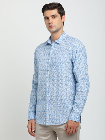 Cotton Linen Sky Blue Printed Slim Fit Full Sleeve Casual Shirt