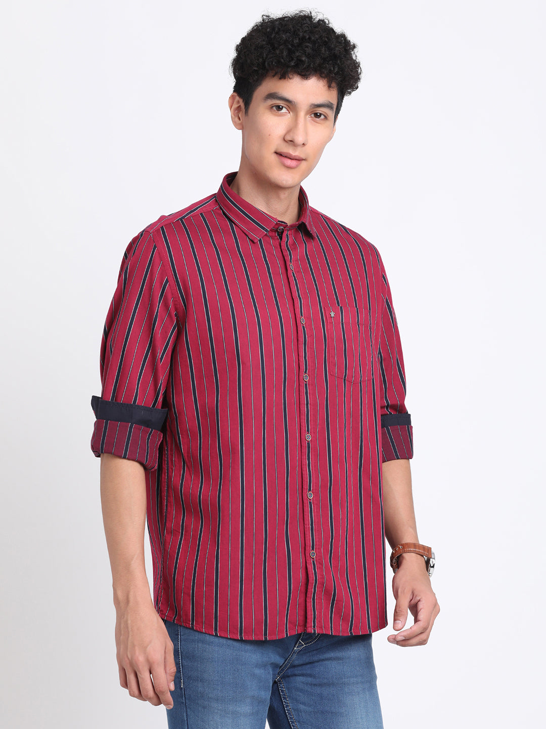 100% Cotton Maroon Striped Slim Fit Full Sleeve Casual Shirt