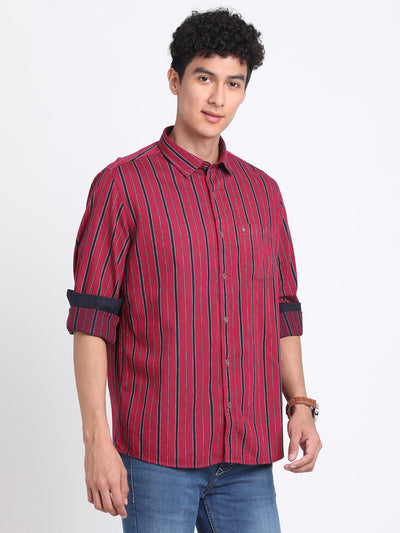 100% Cotton Maroon Striped Slim Fit Full Sleeve Casual Shirt