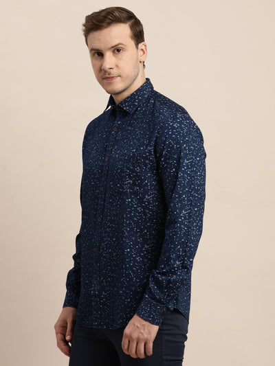 100% Cotton Indigo Blue Printed Slim Fit Full Sleeve Casual Shirt