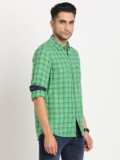 Cotton Viscose Green Checkered Slim Fit Full Sleeve Casual Shirt