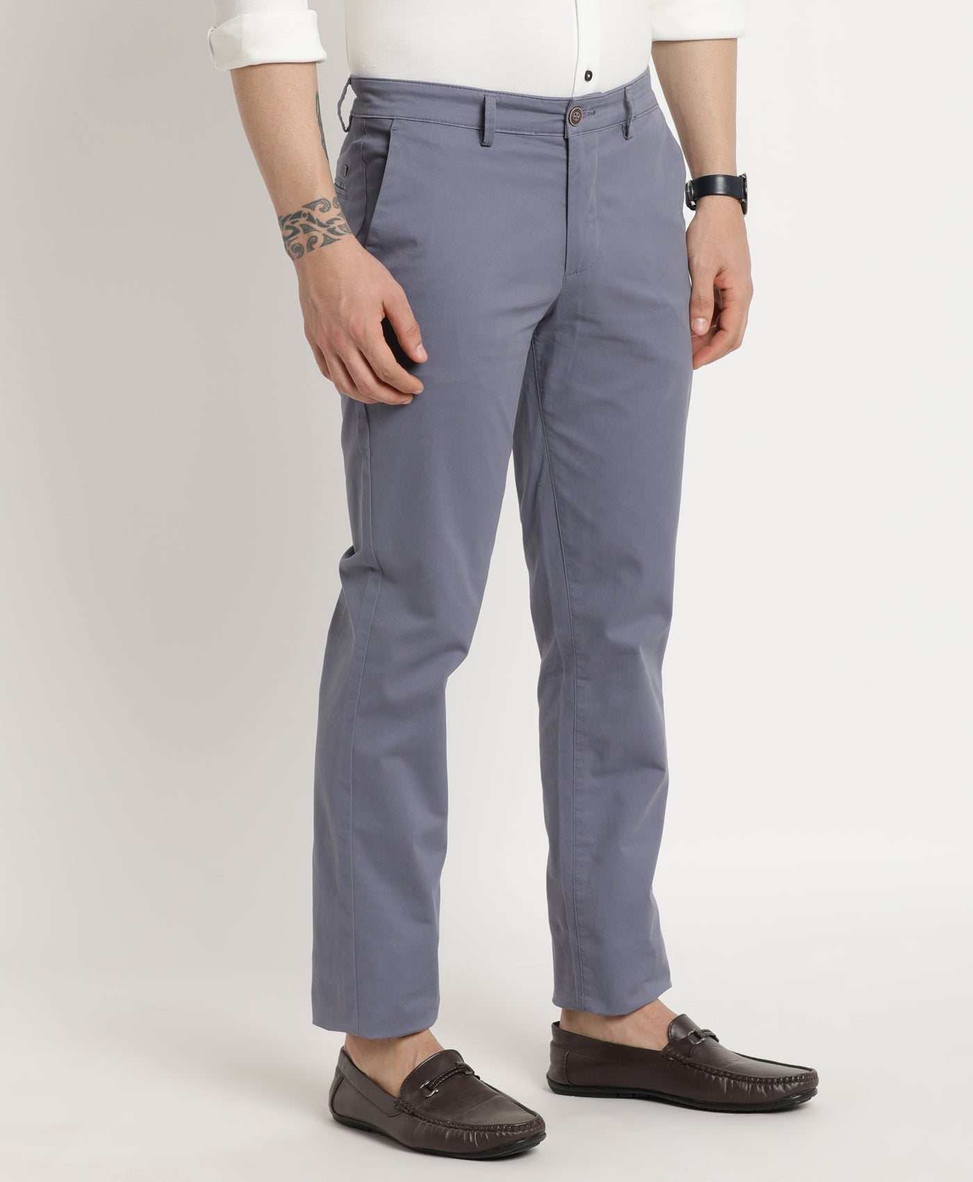 Cotton Stretch Steel Grey Plain Ultra Slim Fit Flat Front Casual Trouser