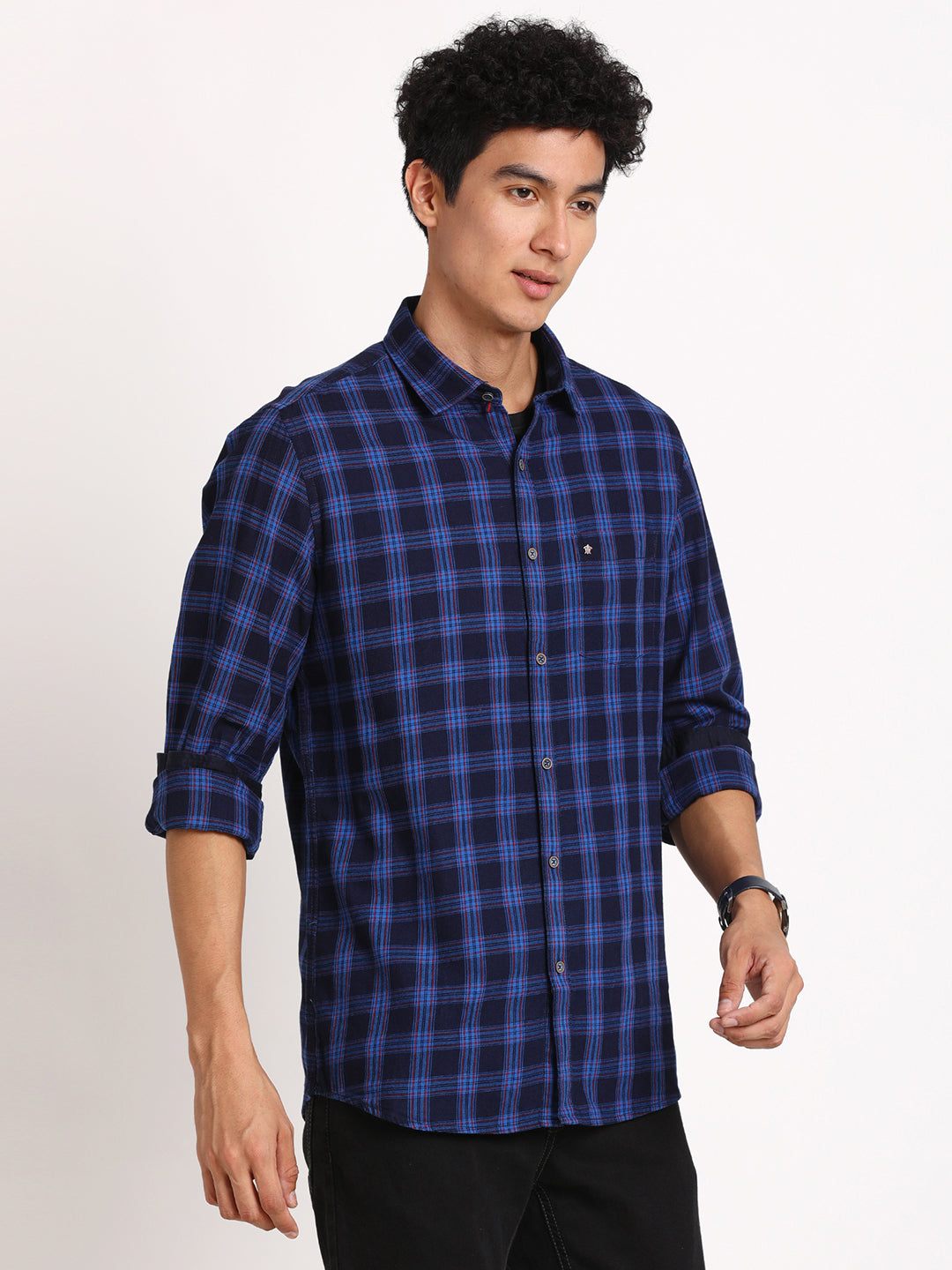 100% Cotton Indigo Royal Blue Checkered Slim Fit Full Sleeve Casual Shirt