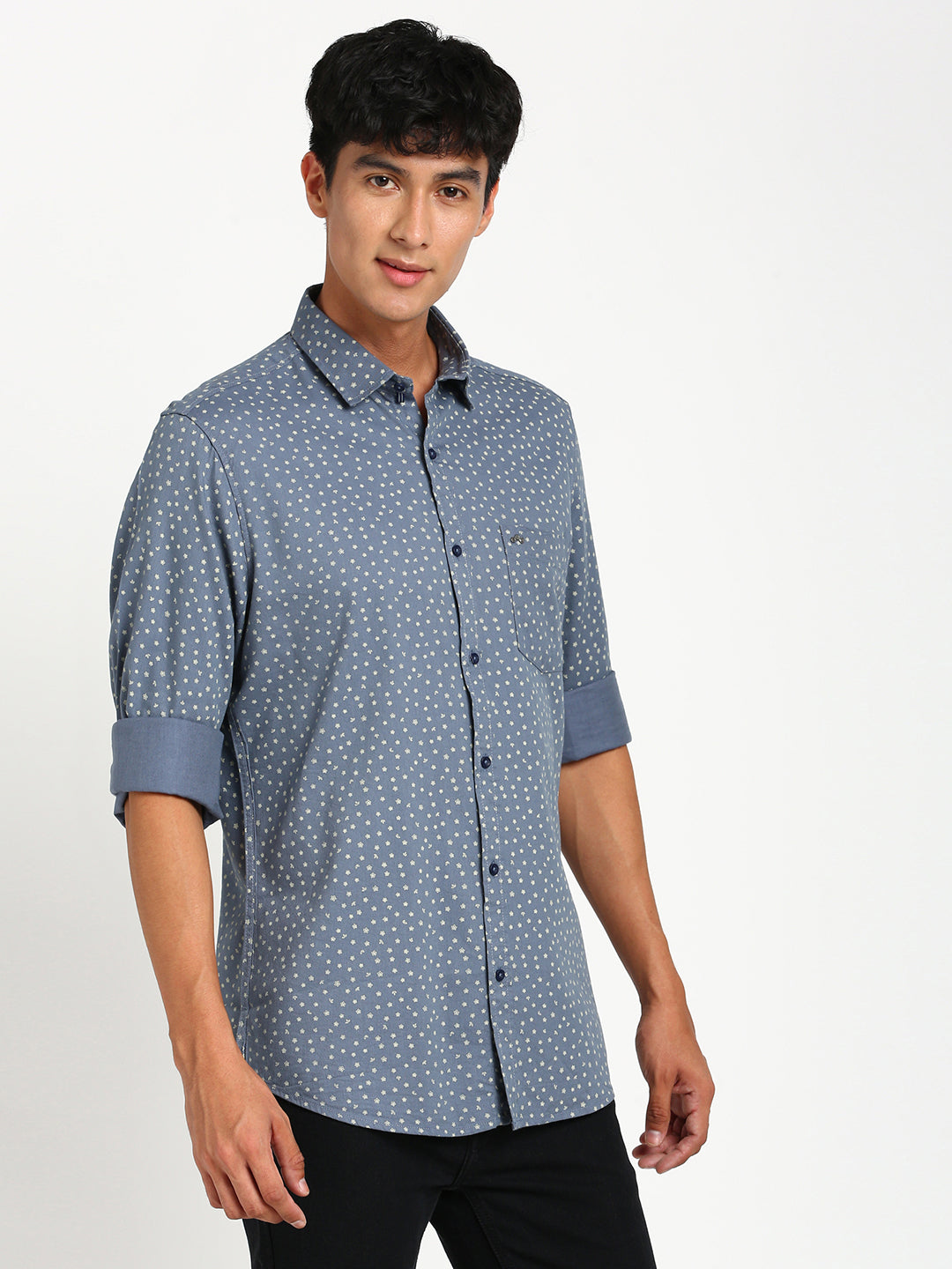 Cotton Tencel Blue Printed Slim Fit Full Sleeve Casual Shirt