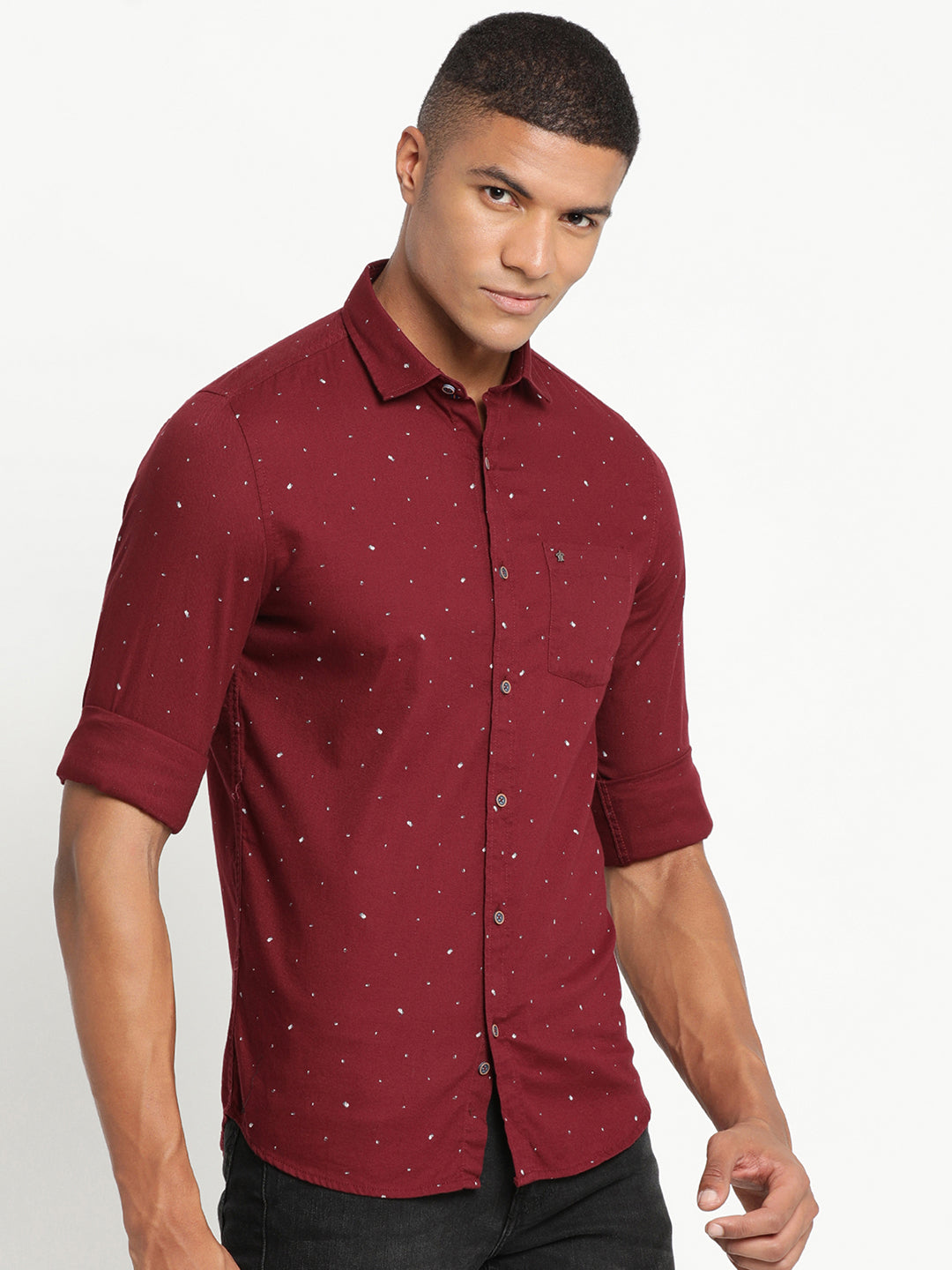 100% Cotton Maroon Printed Slim Fit Full Sleeve Casual Shirt