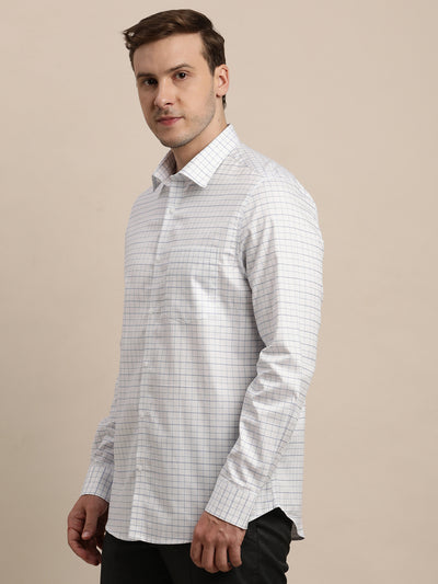 100% Cotton White Checkered Slim Fit Full Sleeve Formal Shirt