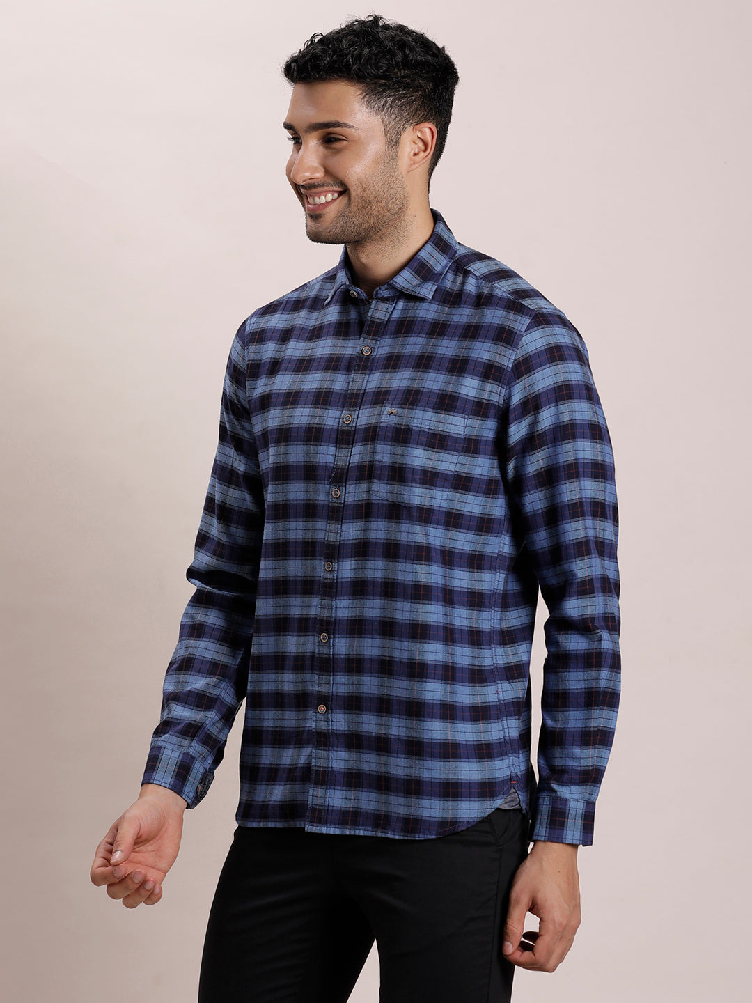 100% Cotton Indigo Navy Blue Checkered Slim Fit Full Sleeve Casual Shirt