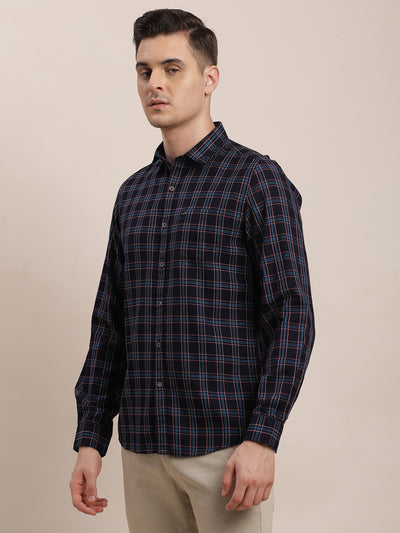 100% Cotton Indigo Dark Blue Checkered Slim Fit Full Sleeve Casual Shirt