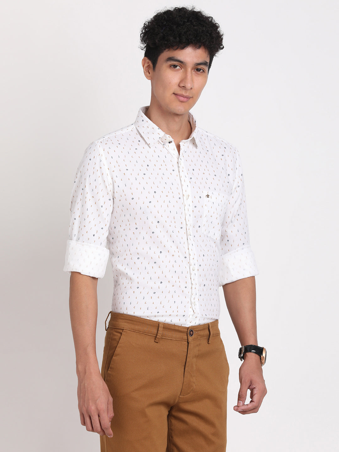 100% Cotton White Printed Slim Fit Full Sleeve Casual Shirt