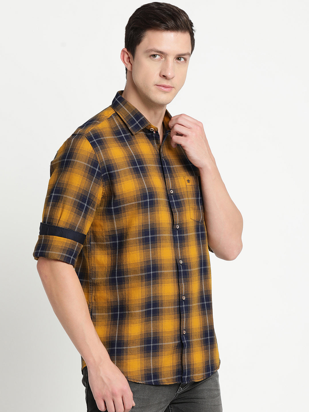 100% Cotton Yellow Checkered Slim Fit Full Sleeve Casual Shirt