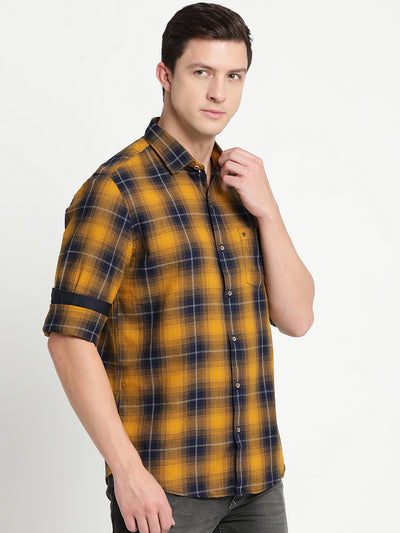 100% Cotton Yellow Checkered Slim Fit Full Sleeve Casual Shirt