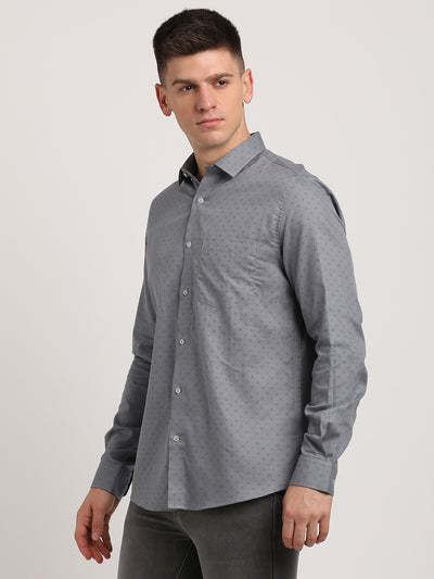 Cotton Tencel Grey Printed Slim Fit Full Sleeve Formal Shirt