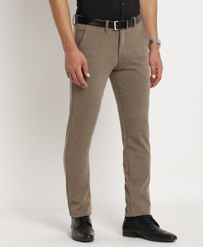 Cotton Brown Plain Ultra Slim Fit Flat Front Casual Trouser