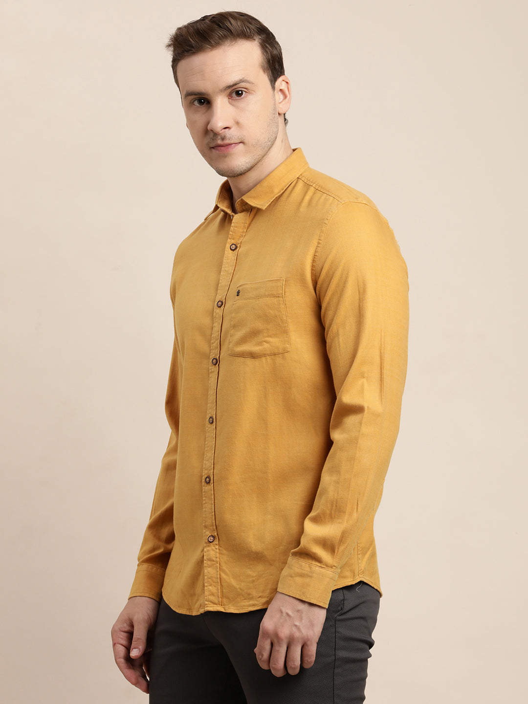 Cotton Lyocell Mustard Plain Slim Fit Full Sleeve Casual Shirt