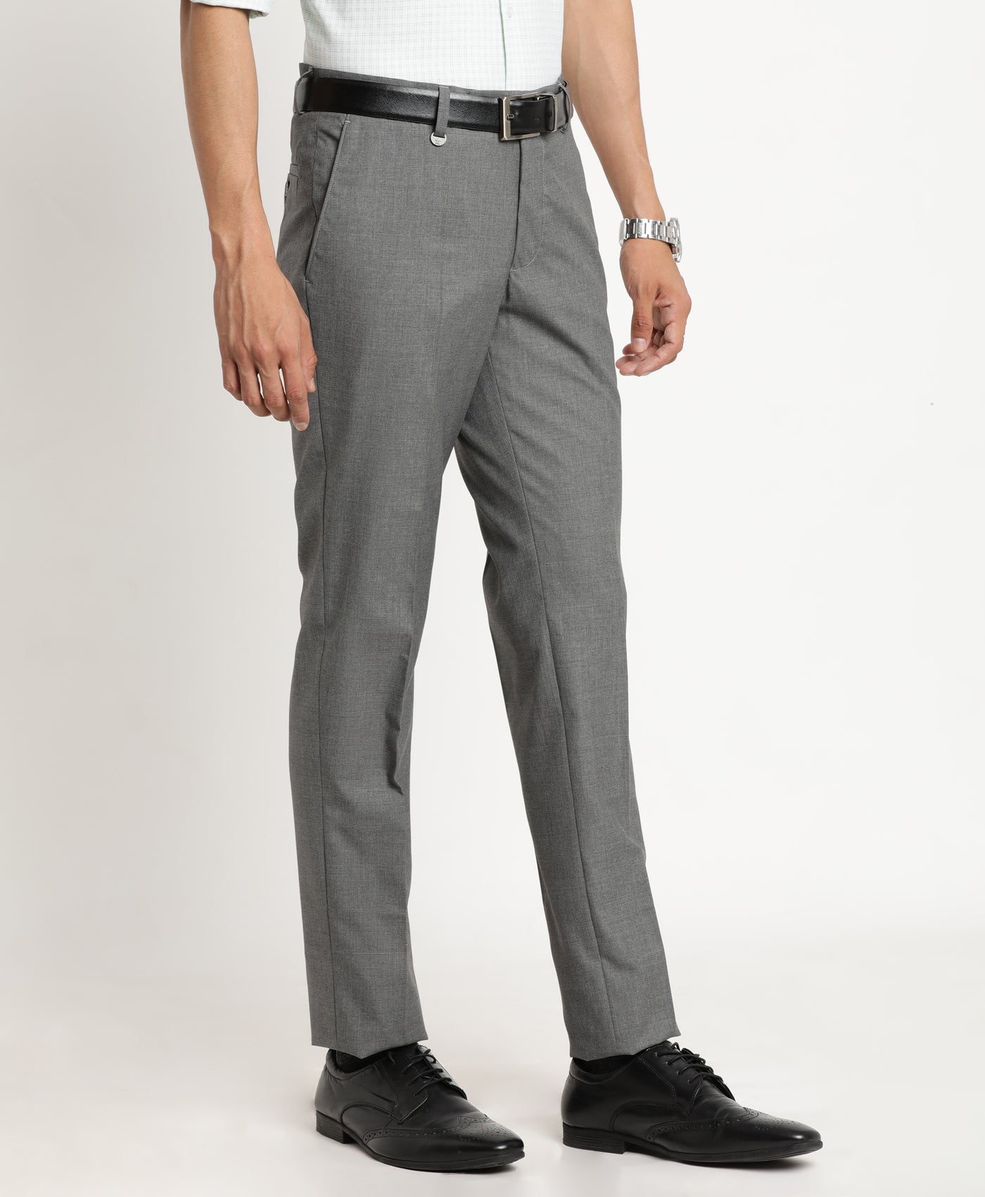 Poly Viscose Grey Checkered Slim Fit Flat Front Formal Trouser