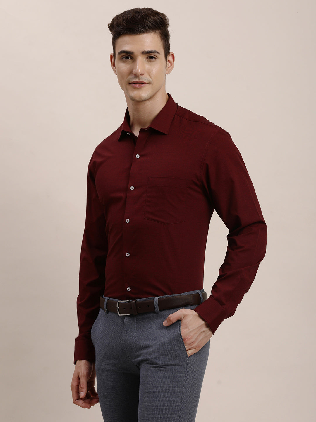 100% Cotton Maroon Plain Slim Fit Full Sleeve Formal Shirt