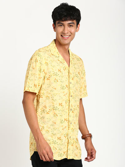 Cotton Yellow Printed Slim Fit Half Sleeve Casual Shirt