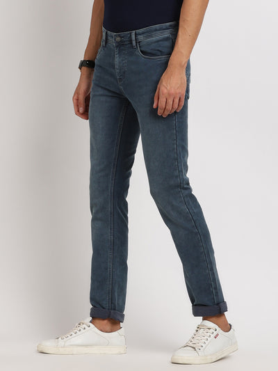 Cotton Stretch Sea Blue Plain Narrow Fit Flat Front Casual Jeans