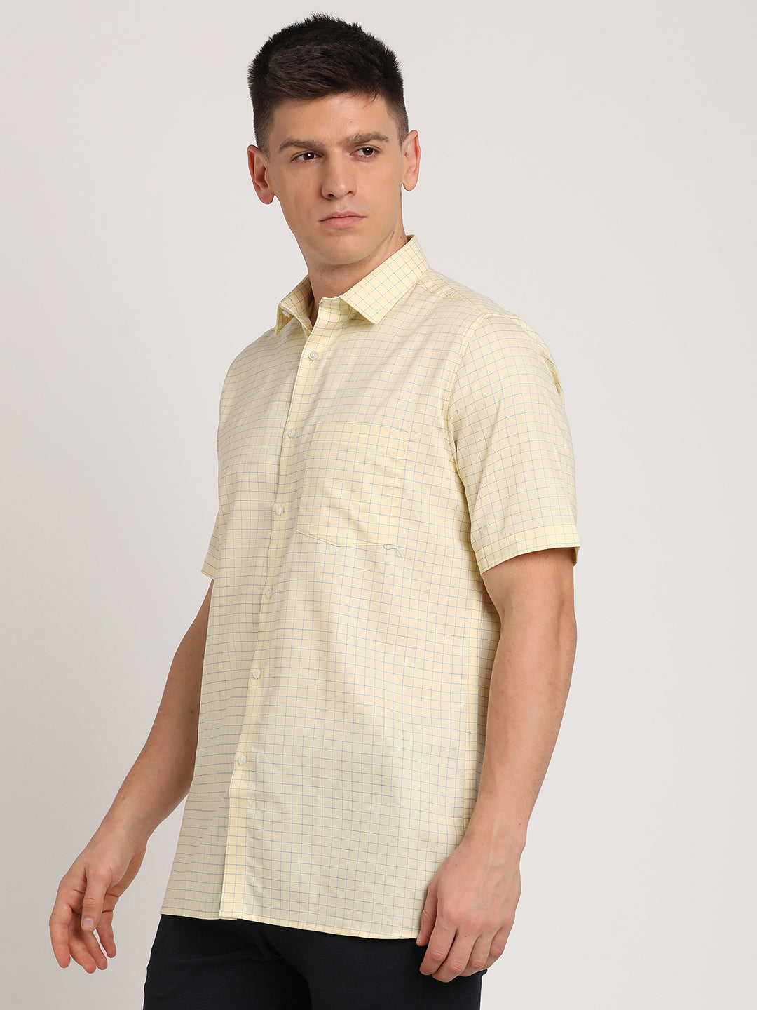 100% Cotton Cream Checkered Regular Fit Half Sleeve Formal Shirt