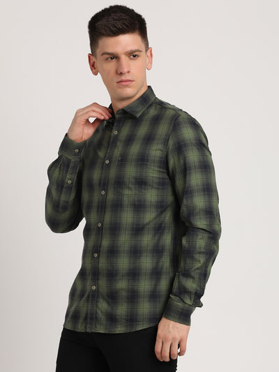 100% Cotton Dark Green Checkered Slim Fit Full Sleeve Casual Shirt