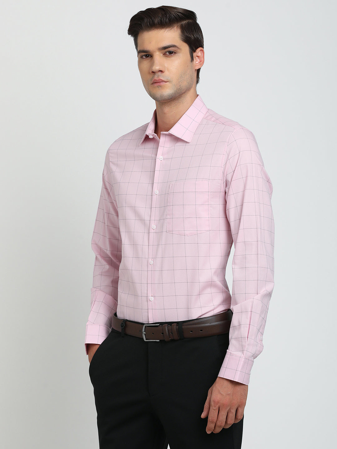 100% Cotton Pink Checkered Slim Fit Full Sleeve Formal Shirt