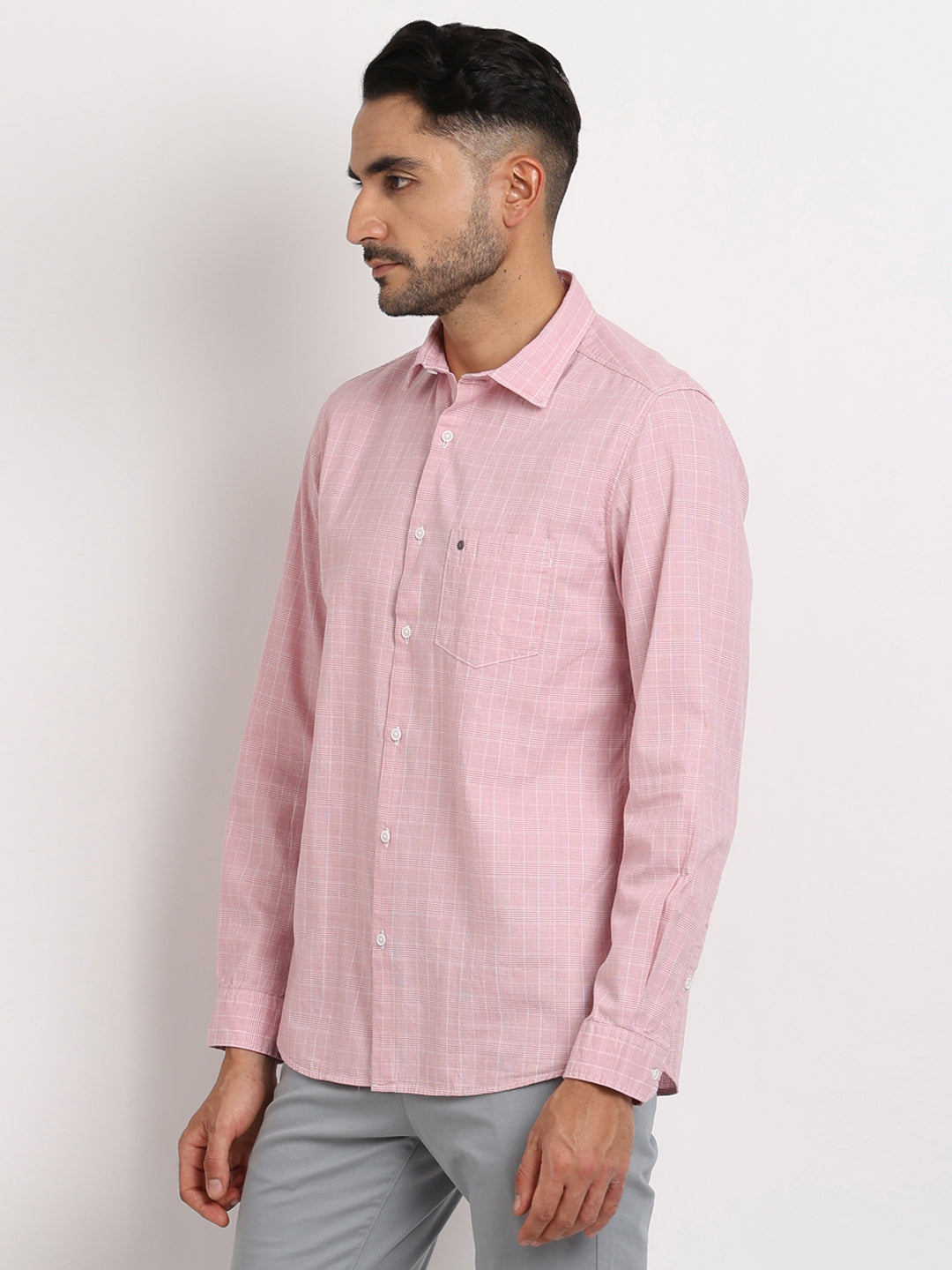 100% Cotton Pink Checkered Slim Fit Full Sleeve Casual Shirt