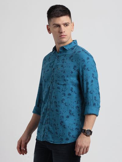 Cotton Lyocell Blue Printed Slim Fit Full Sleeve Casual Shirt