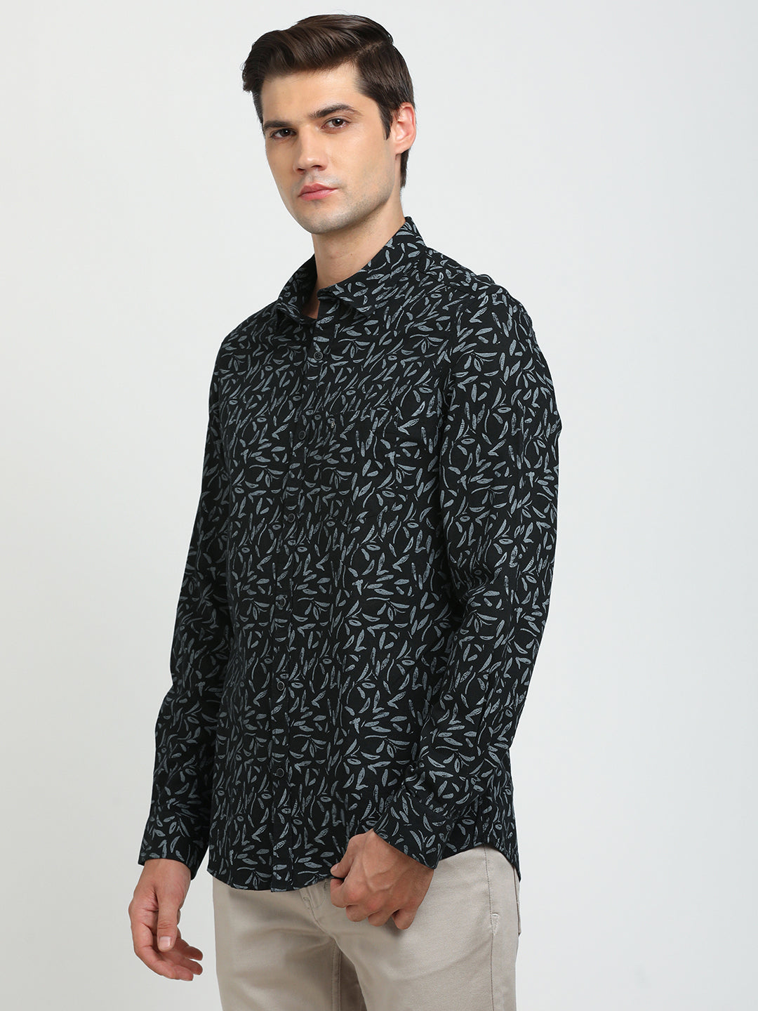 Cotton Linen Black Printed Slim Fit Full Sleeve Casual Shirt