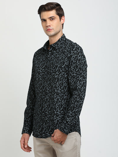 Cotton Linen Black Printed Slim Fit Full Sleeve Casual Shirt