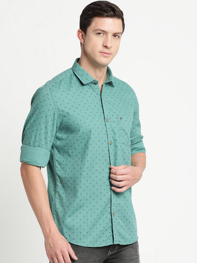 100% Cotton Teal Printed Slim Fit Full Sleeve Casual Shirt