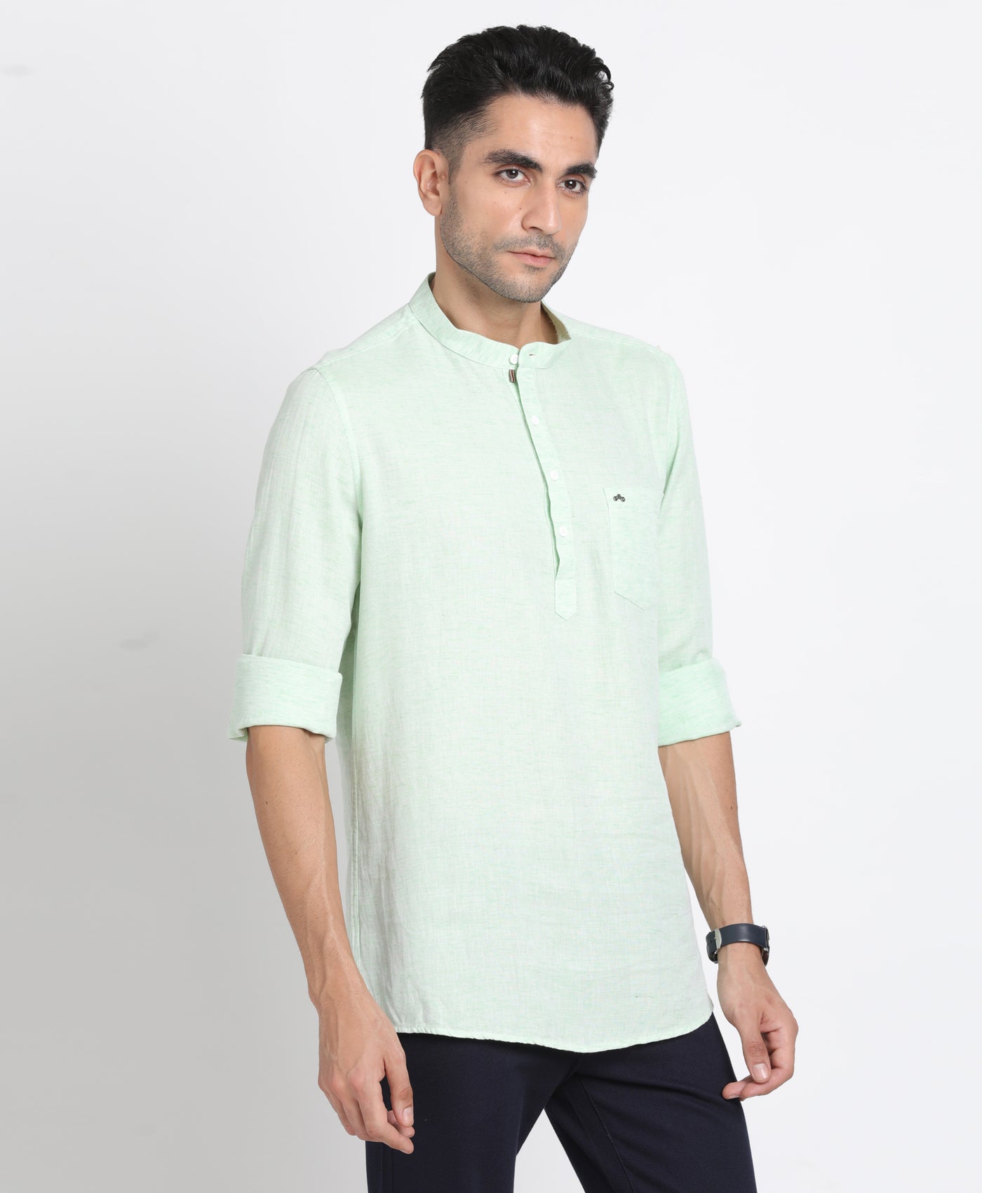 Cotton Lyolin Green Plain Kurta Full Sleeve Casual Shirt