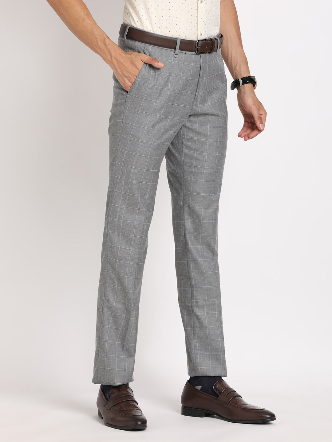 Poly Viscose Stretch Smokey Grey Checkered Slim Fit Flat Front Formal Trouser