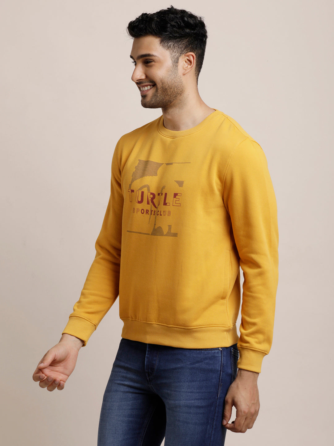 100% Cotton Yellow Plain Regular Fit Full Sleeve Casual Pullover