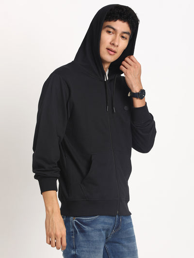 Essential Poly Cotton Black Plain Regular Fit Full Sleeve Casual Hooded Sweatshirt