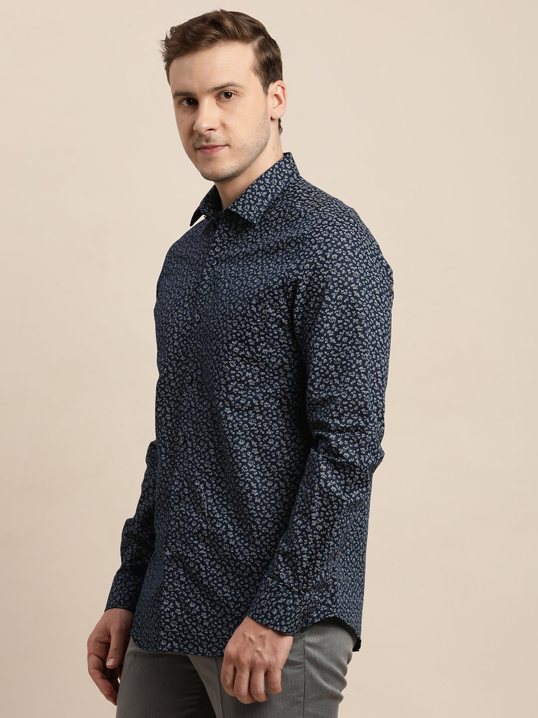 Cotton Linen Dark Blue Printed Slim Fit Full Sleeve Formal Shirt