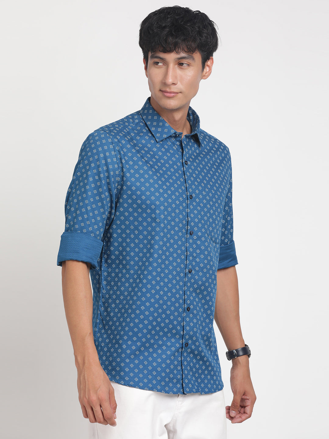 100% Cotton Blue Printed Slim Fit Full Sleeve Formal Shirt