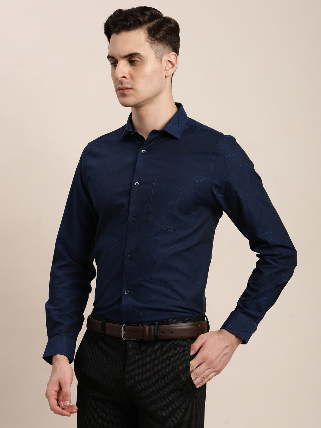 Giza Cotton Dark Blue Jacquard Slim Fit Full Sleeve Ceremonial Shirt