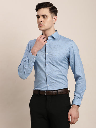 100% Cotton Light Blue Printed Regular Fit Full Sleeve Formal Shirt