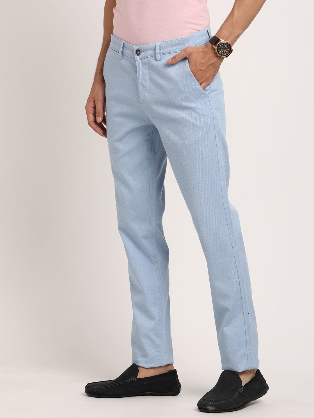 Cotton Stretch Light Blue Dobby Ultra Slim Fit Flat Front Casual Trouser