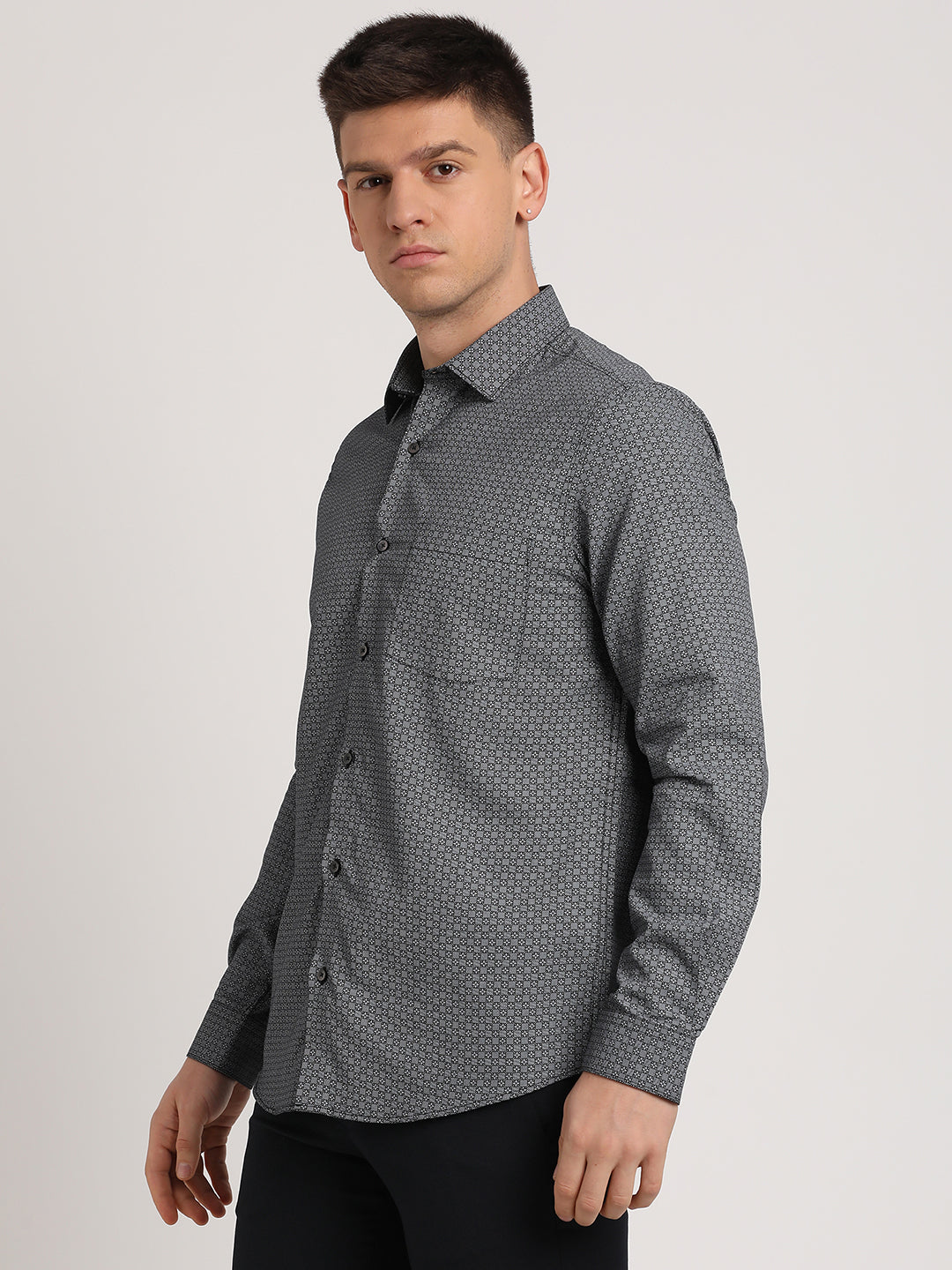 Cotton Tencel Grey Printed Slim Fit Full Sleeve Formal Shirt